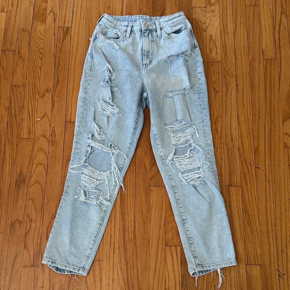 H&M Light Blue Distressed Mom Jean Ultra High Waist